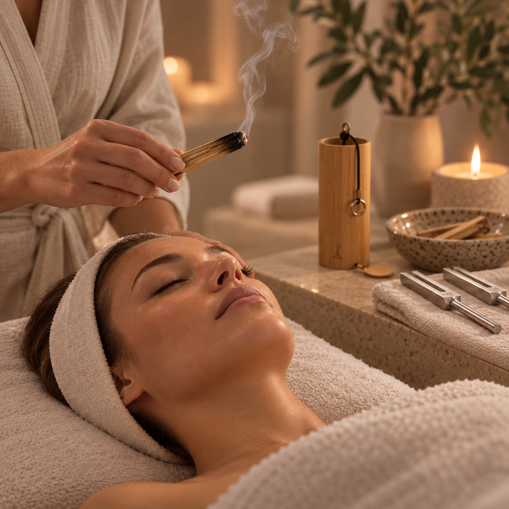 Woman lying down having a Holistic Facial Treatment which includes koshi chimes, palo santo burning, tuning forks and sound & energy healing