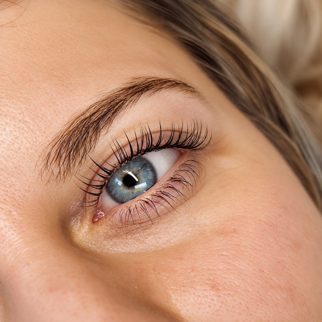 close up of eye with Korean lash lifts & Brow Laminations