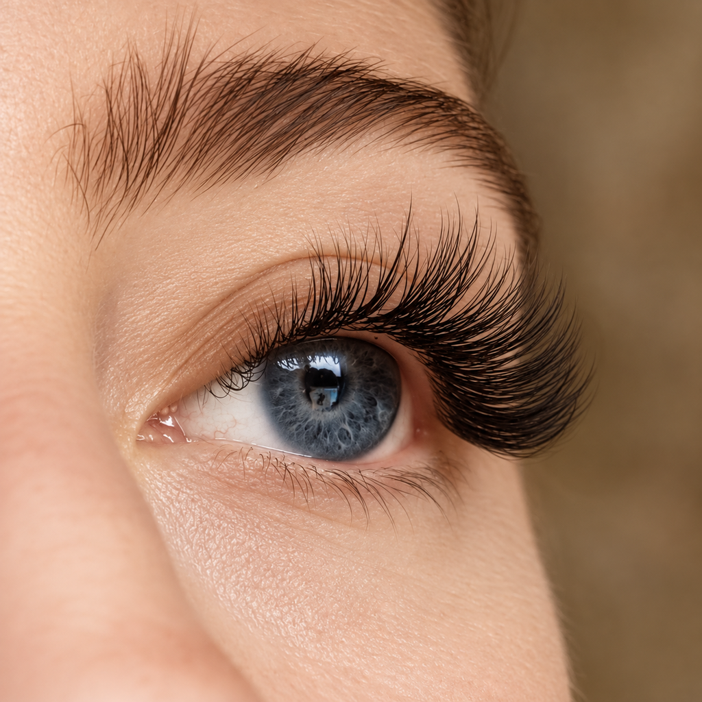 Beautiful woman showing stunning Eyelash Extensions